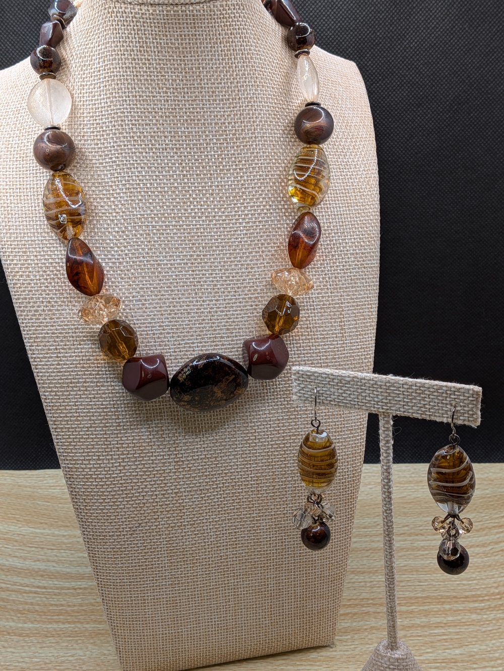 Brown Amber Glass Bead Necklace & Earrings Set-Handmade Warm Tone Autumn Jewelry